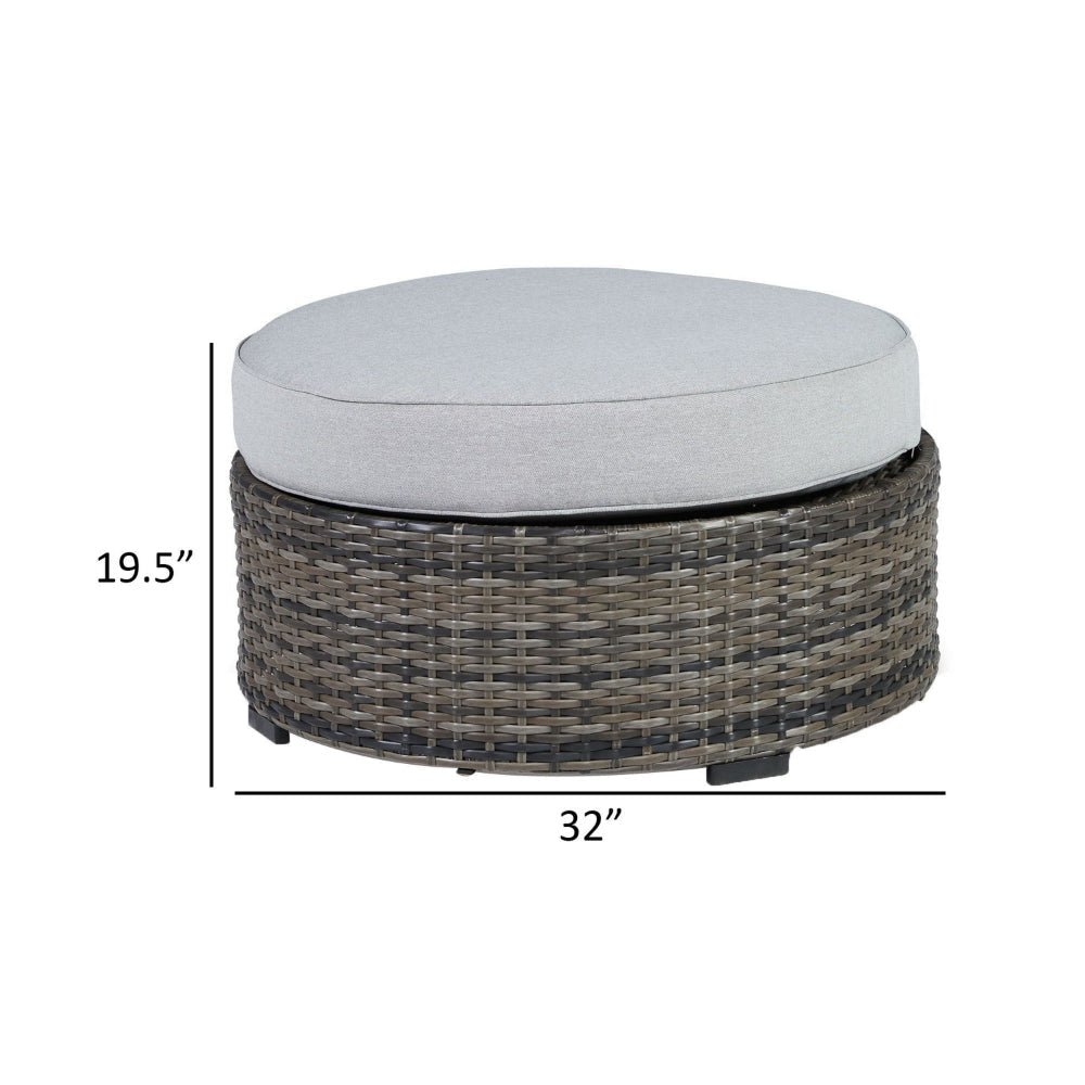 Saki 32 Inch Outdoor Ottoman Round Cushion Wicker Light Gray Fabric By Casagear Home BM313424