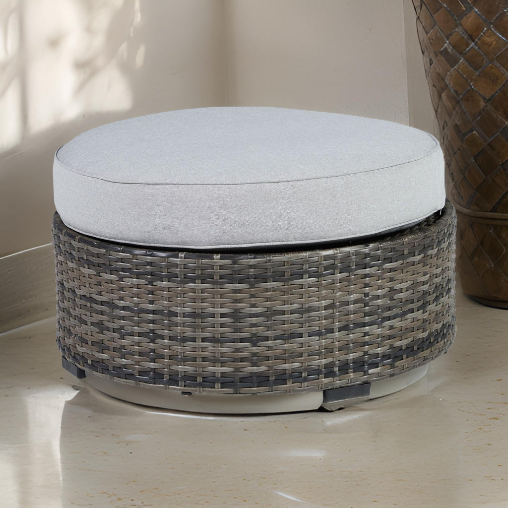 Saki 32 Inch Outdoor Ottoman, Round Cushion, Wicker, Light Gray Fabric By Casagear Home