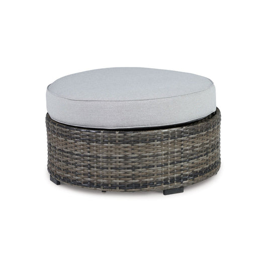 Saki 32 Inch Outdoor Ottoman, Round Cushion, Wicker, Light Gray Fabric By Casagear Home