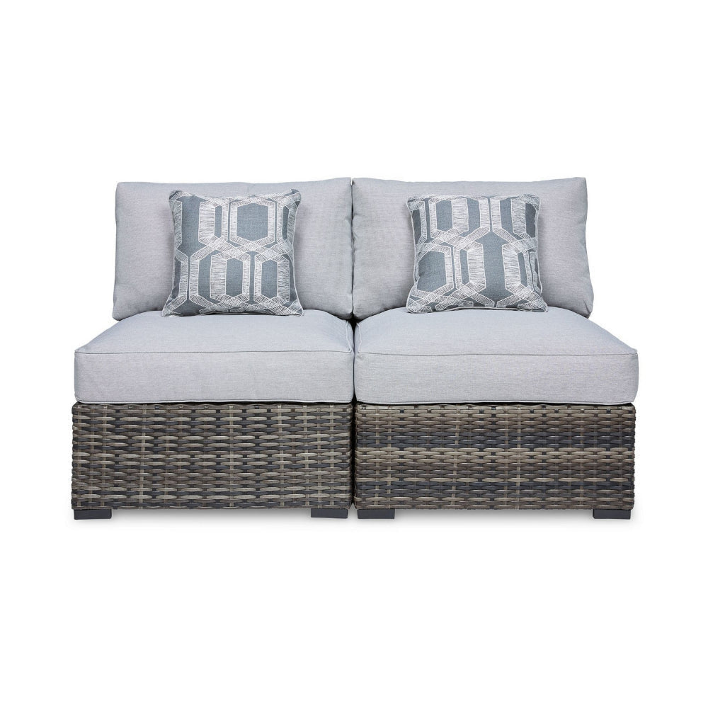 Saki 35 Inch Outdoor Armless Chair Set of 2 with 2 Pillows Wicker Gray By Casagear Home BM313425