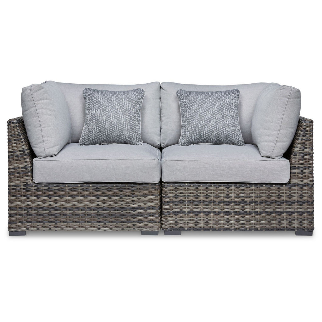 Saki 34 Inch Outdoor Corner Chair Set of 2 with 4 Throw Pillows Gray By Casagear Home BM313426