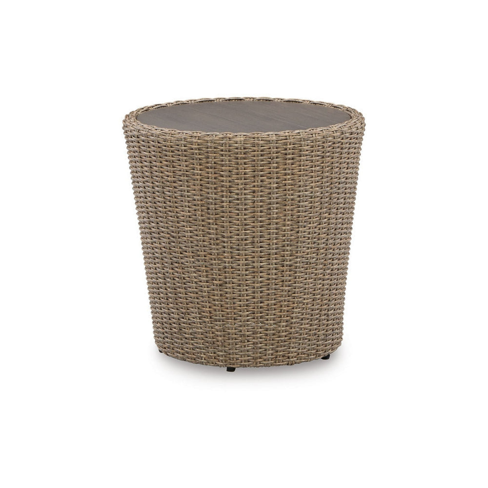 22 Inch Outdoor End Table, Round Shape, Handwoven Resin Wicker, Beige Brown By Casagear Home