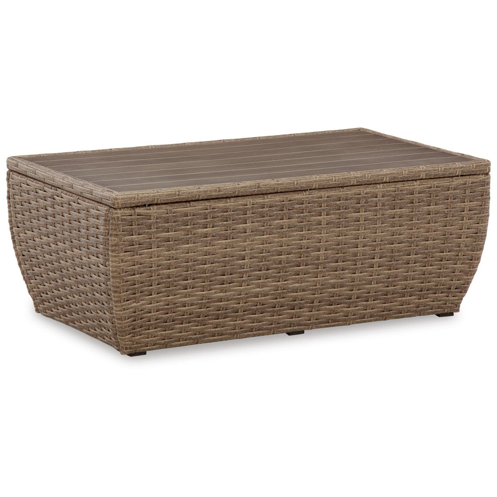 Julia 49 Inch Outdoor Coffee Table Rectangular Resin Wicker Beige Brown By Casagear Home BM313428