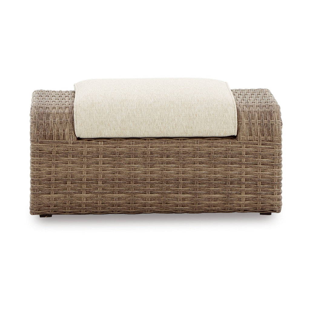 Julia 38 Inch Outdoor Ottoman with Cushion Resin Wicker Beige Fabric By Casagear Home BM313429