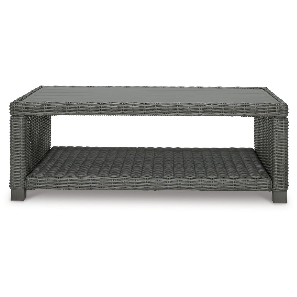 Ellie 50 Inch Outdoor Coffee Table Lower Shelf Gray Resin Wicker Metal By Casagear Home BM313435