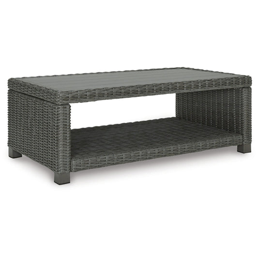 Ellie 50 Inch Outdoor Coffee Table, Lower Shelf, Gray Resin Wicker, Metal By Casagear Home