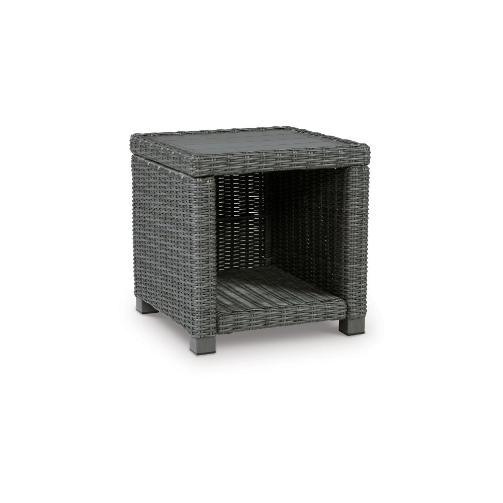 Ellie 23 Inch Outdoor End Table, Lower Shelf, Gray Resin Wicker, Metal By Casagear Home