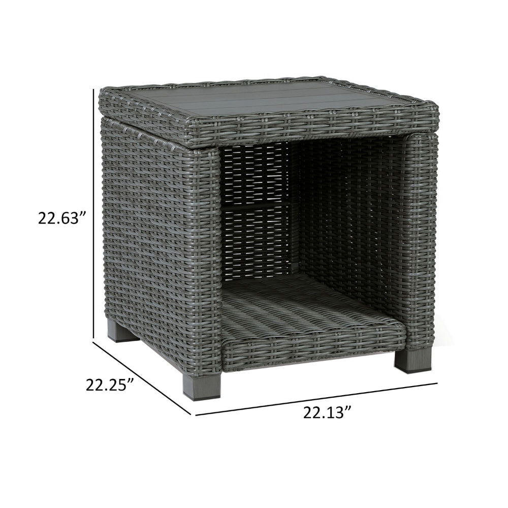 Ellie 23 Inch Outdoor End Table Lower Shelf Gray Resin Wicker Metal By Casagear Home BM313436