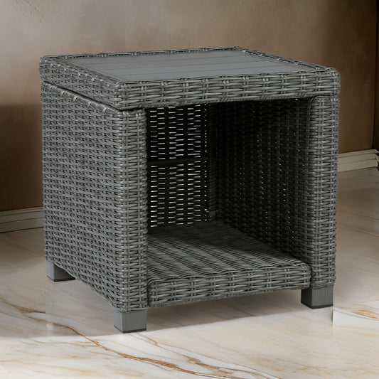 Ellie 23 Inch Outdoor End Table, Lower Shelf, Gray Resin Wicker, Metal By Casagear Home