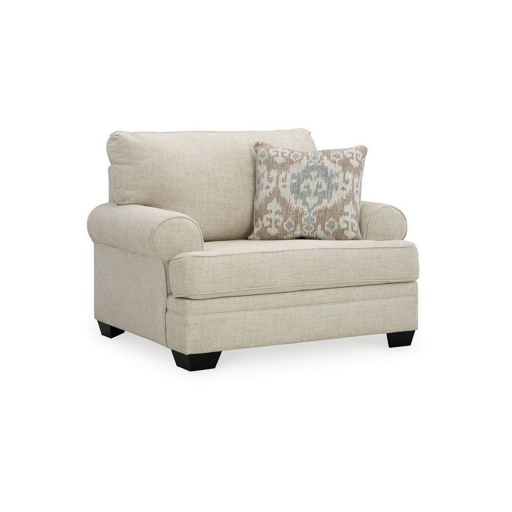 Zen 52 Inch Oversized Chair, 1 Accent Pillow, Rolled Arms, Beige Polyester By Casagear Home