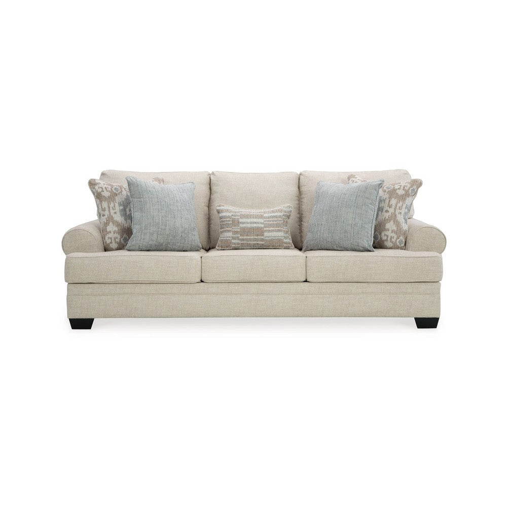 Zen 98 Inch Sofa with 5 Accent Throw Pillows Rolled Arms Beige Polyester By Casagear Home BM313453