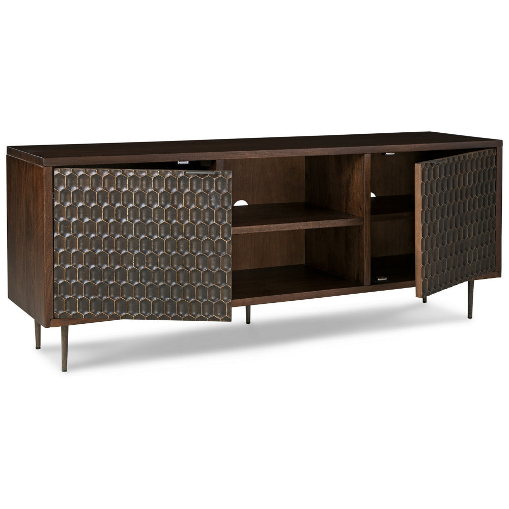 65 Inch Sideboard Cabinet Console, Honeycomb Design, 3 Shelves, Brown Wood By Casagear Home