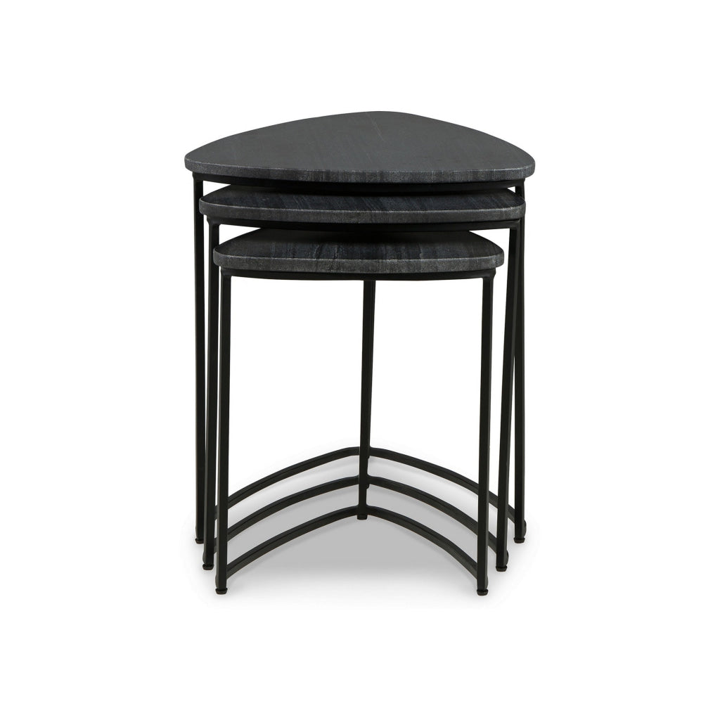 Set of 3 Nesting Accent Tables Triangular Marble Top Metal Base Black By Casagear Home BM313462