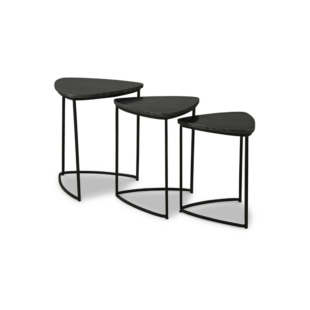 Set of 3 Nesting Accent Tables Triangular Marble Top Metal Base Black By Casagear Home BM313462