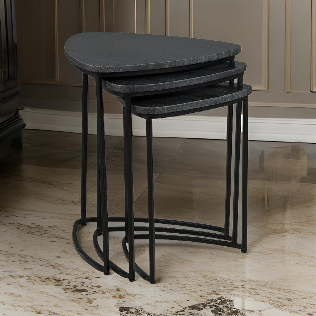 Set of 3 Nesting Accent Tables Triangular Marble Top Metal Base Black By Casagear Home BM313462