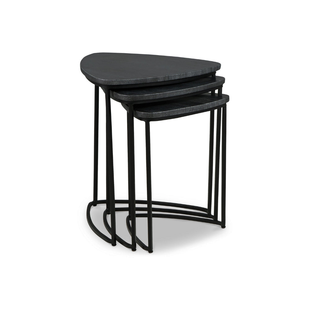 Set of 3 Nesting Accent Tables, Triangular, Marble Top, Metal Base, Black By Casagear Home