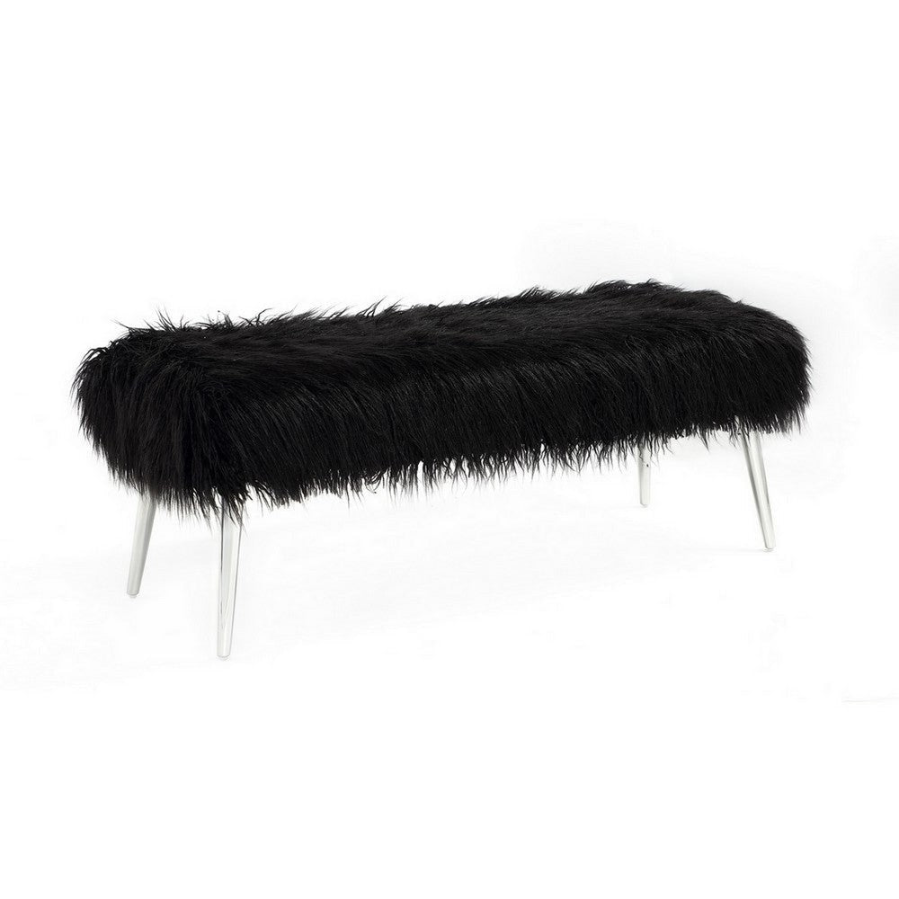 Ammy 45 Inch Bench with Foam Fill Seat, Black Faux Fur, Silver Metal Legs By Casagear Home