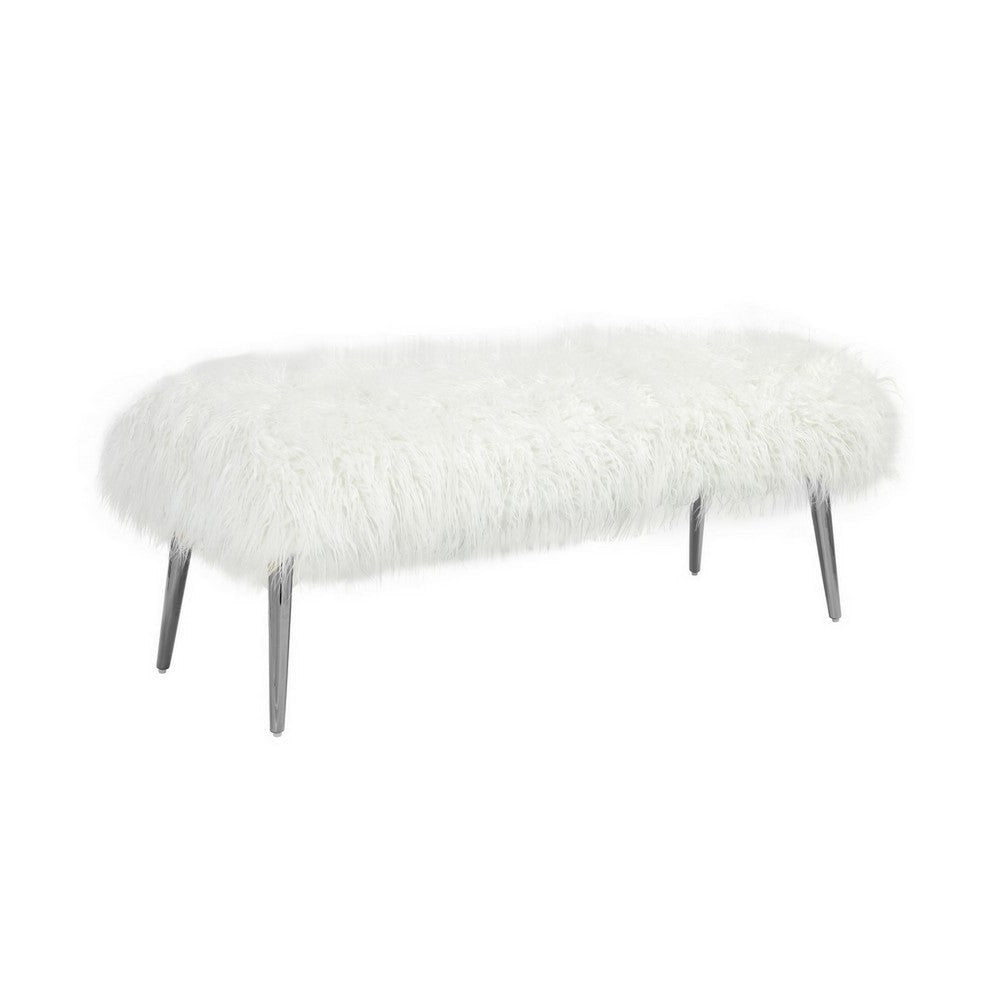 Ammy 45 Inch Bench with Foam Fill Seat, White Faux Fur, Silver Metal Legs By Casagear Home