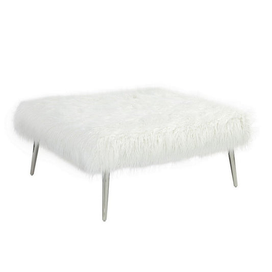 Ammy 36 Inch Square Ottoman, Foam Fill, White Faux Fur, Silver Metal Legs By Casagear Home