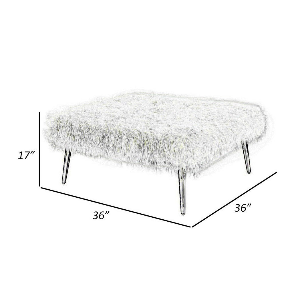 Ammy 36 Inch Square Ottoman Foam Fill White Faux Fur Silver Metal Legs By Casagear Home BM313479