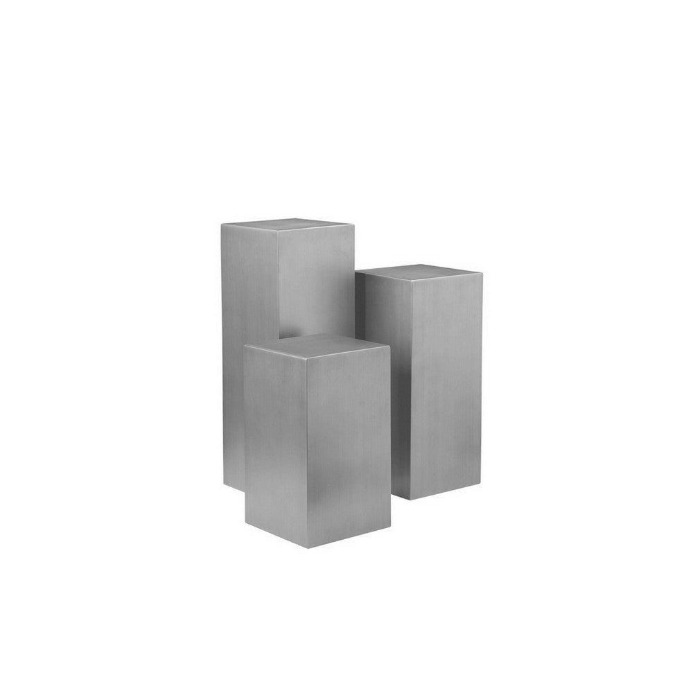 Meta Set of 3 Pedestal Display Stand, Square Pillars Brushed Silver Steel By Casagear Home