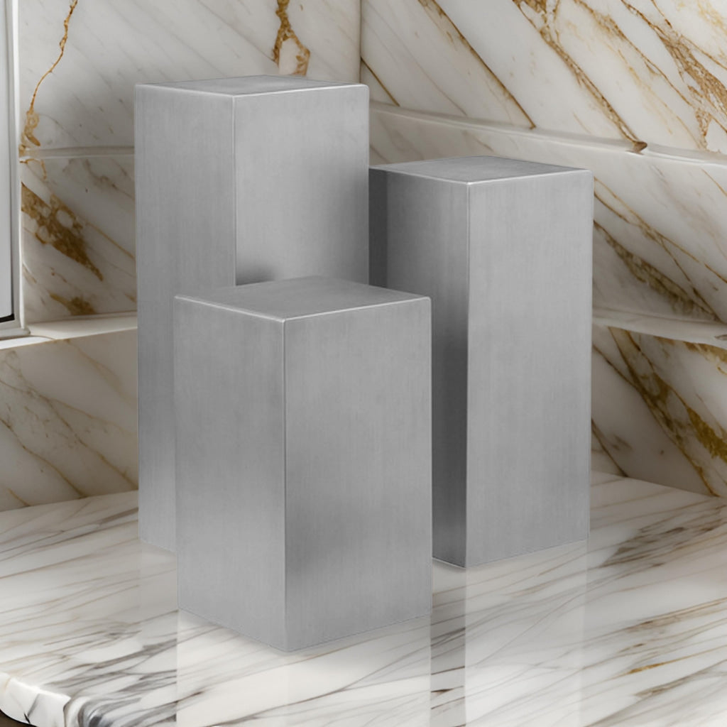 Meta Set of 3 Pedestal Display Stand Square Pillars Brushed Silver Steel By Casagear Home BM313487