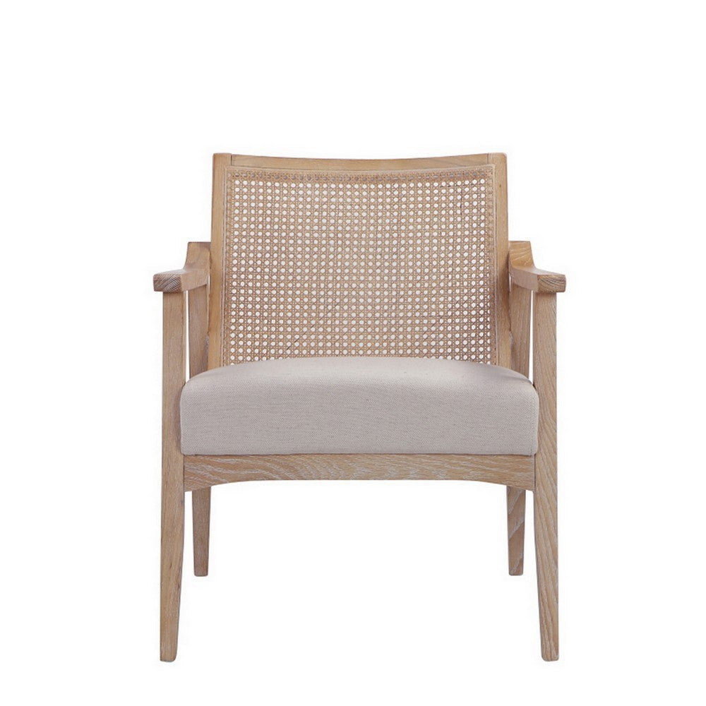 28 Inch Lounge Armchair with Cane Back Beige Polyester Boucle Brown Frame By Casagear Home BM313488