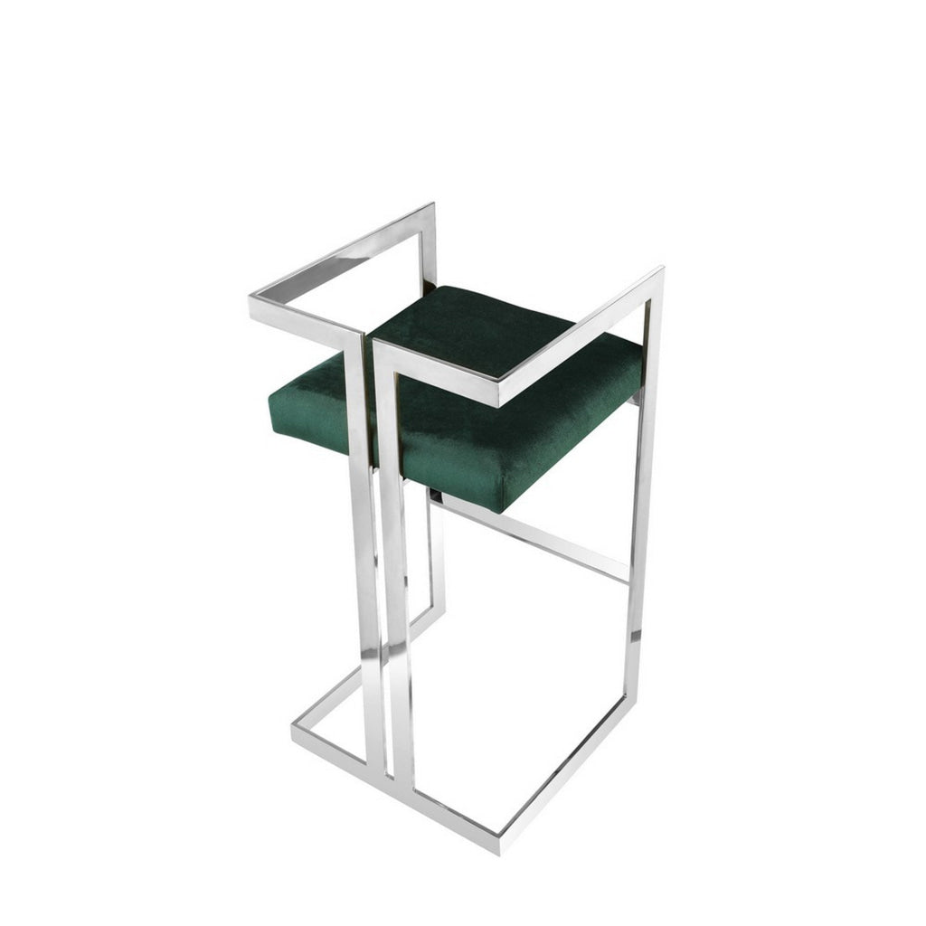 Suki 30 Inch Cantilever Barstool Chair Foam Green Velvet Silver Frame By Casagear Home BM313489