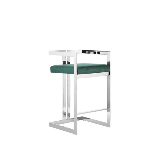 Suki 24 Inch Cantilever Counter Stool Chair, Green Velvet and Silver Frame By Casagear Home