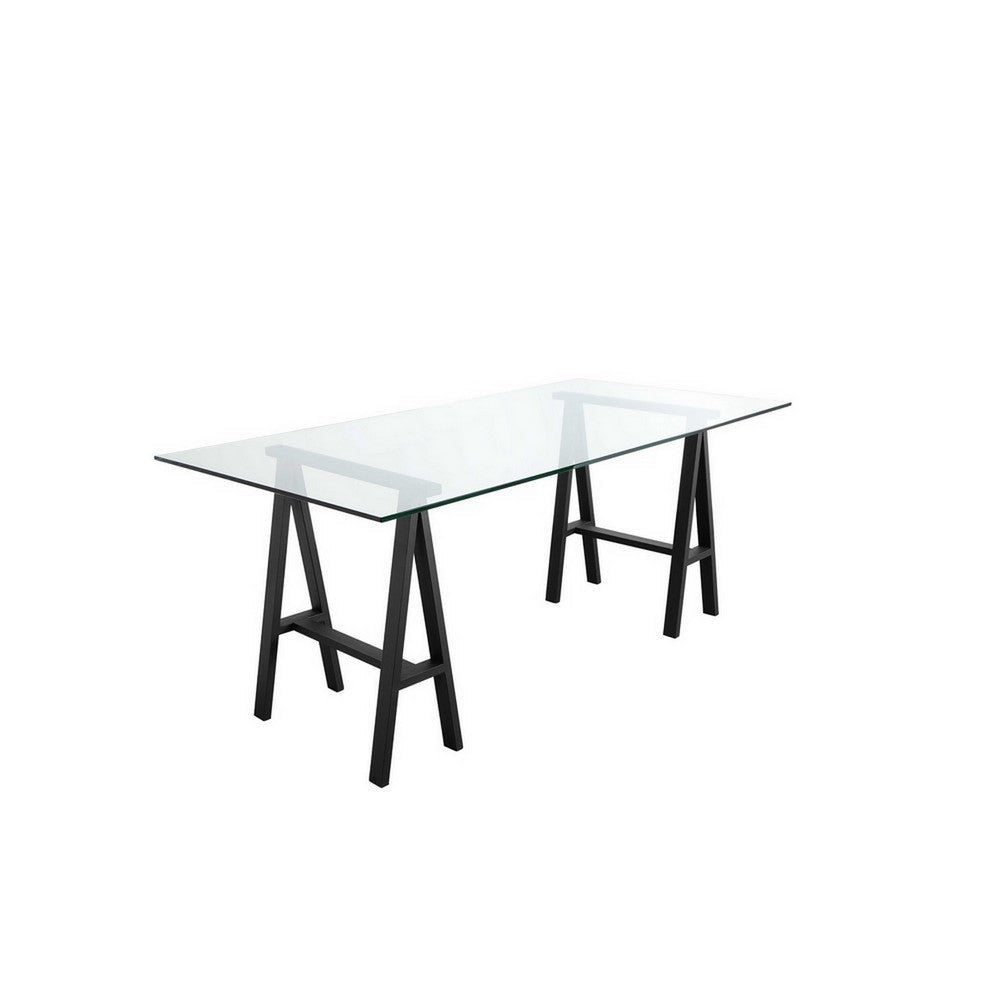 Rani 71 Inch Office Desk Tempered Glass Top Modern Black Steel Frame By Casagear Home BM313496