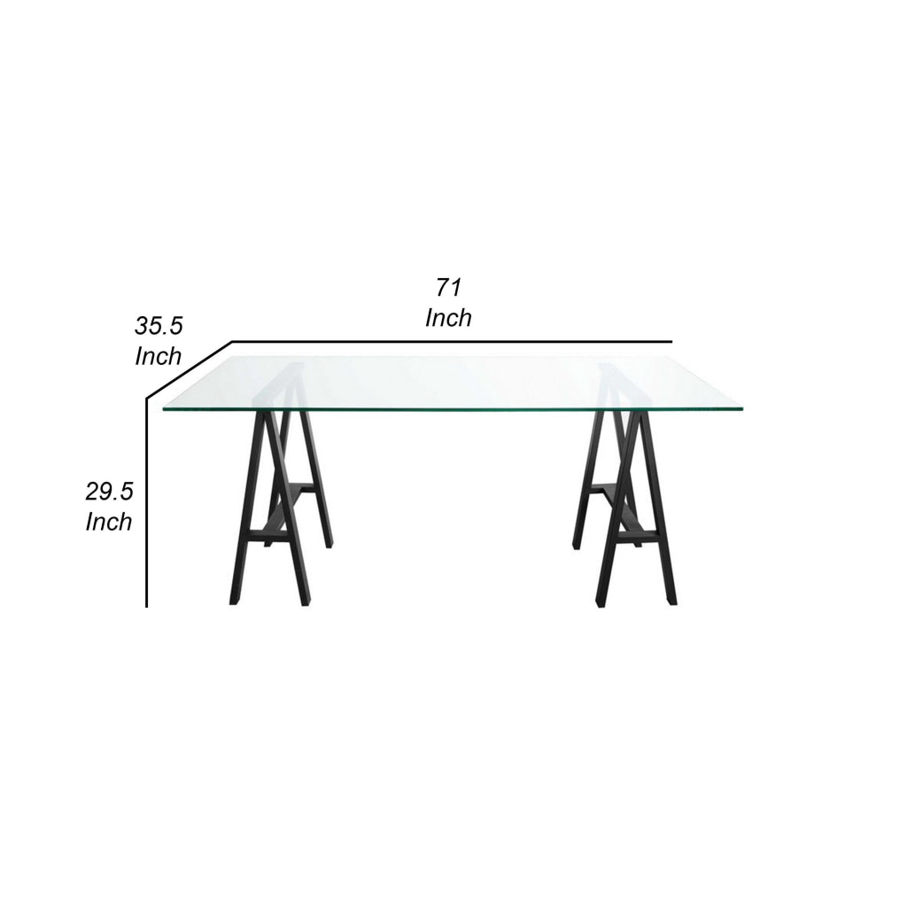 Rani 71 Inch Office Desk Tempered Glass Top Modern Black Steel Frame By Casagear Home BM313496