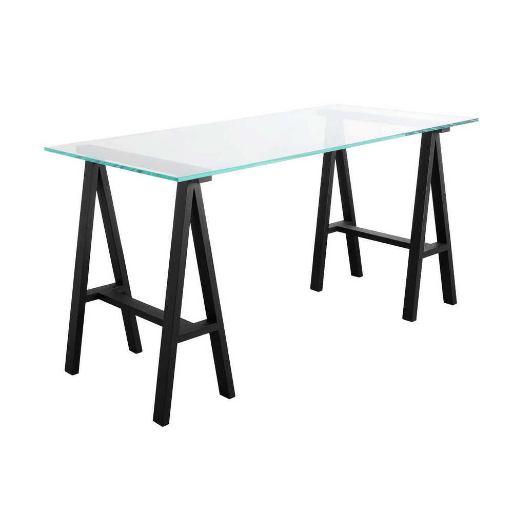 Rani 55 Inch Office Desk, Tempered Glass Top, Modern Black Steel Frame By Casagear Home