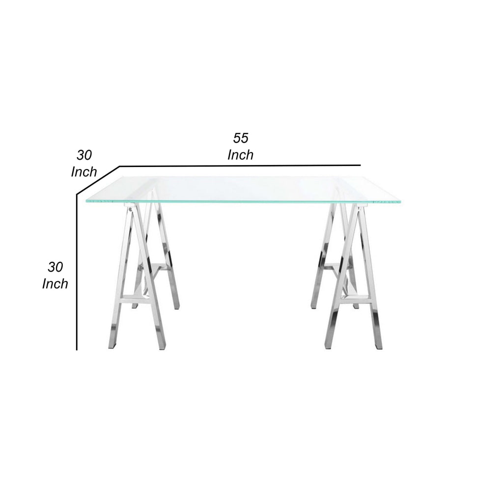 Rani 55 Inch Office Desk Tempered Glass Top Modern Chrome Steel Frame By Casagear Home BM313498