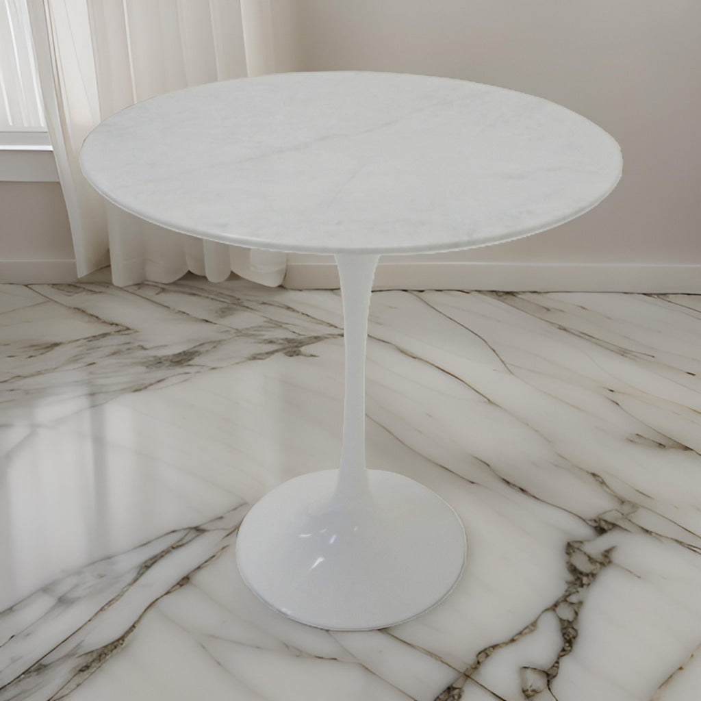 Sufi 21 Inch Side End Table, Round Top, Pedestal Base, Marble White Finish By Casagear Home