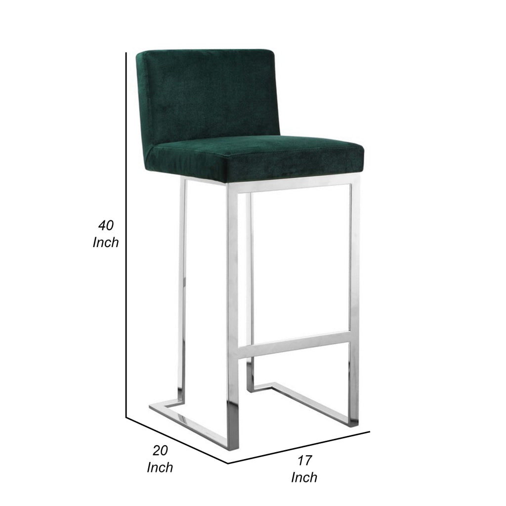 Boly 30 Inch Barstool Chair Green Velvet Cushion Silver Cantilever Base By Casagear Home BM313513