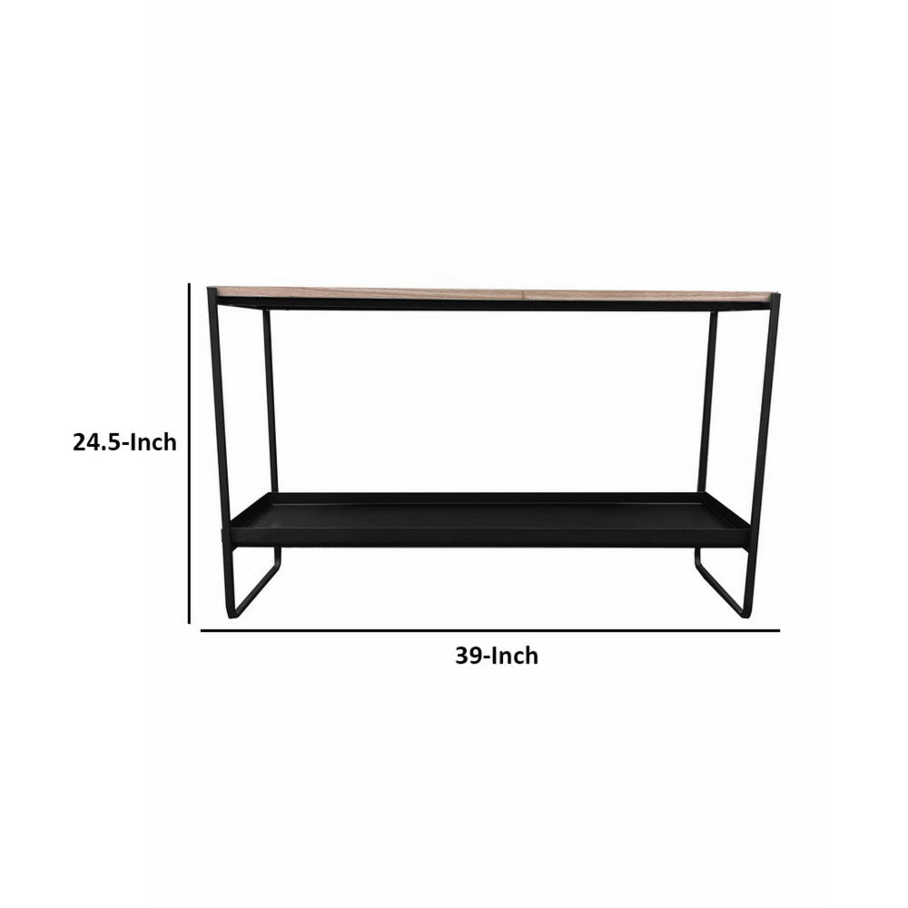 Evon 39 Inch Console Table Natural Brown Wood Top and Shelf Black Metal By Casagear Home BM313518