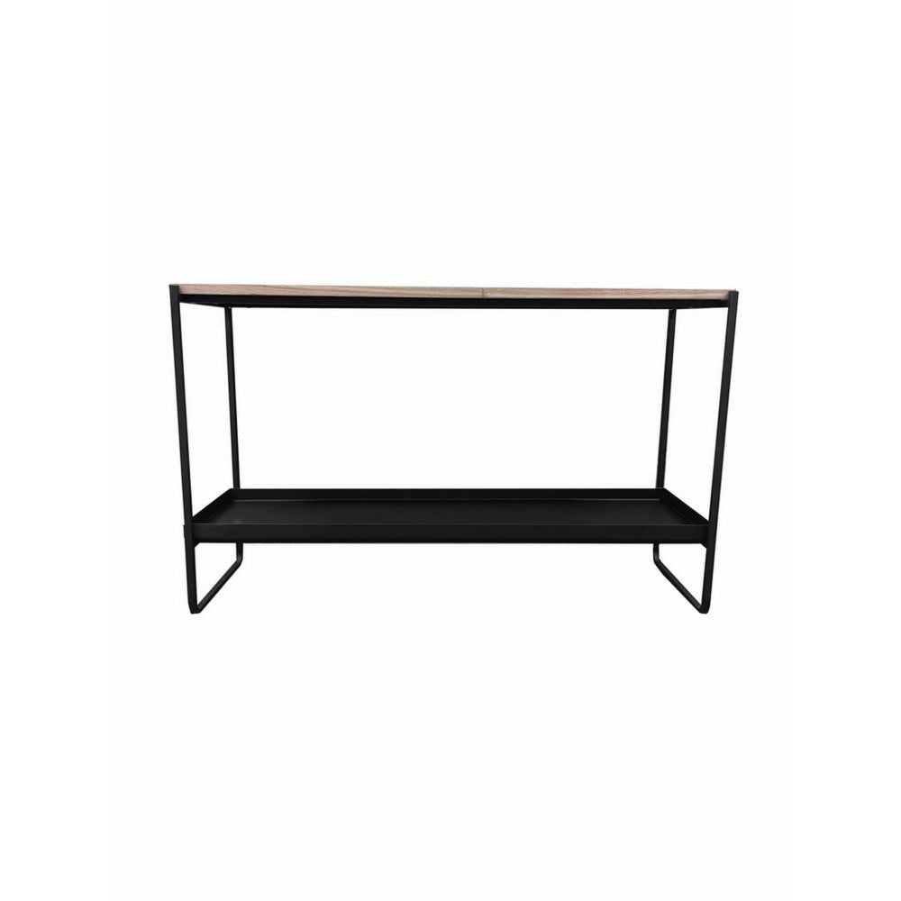 Evon 39 Inch Console Table, Natural Brown Wood Top and Shelf, Black Metal By Casagear Home