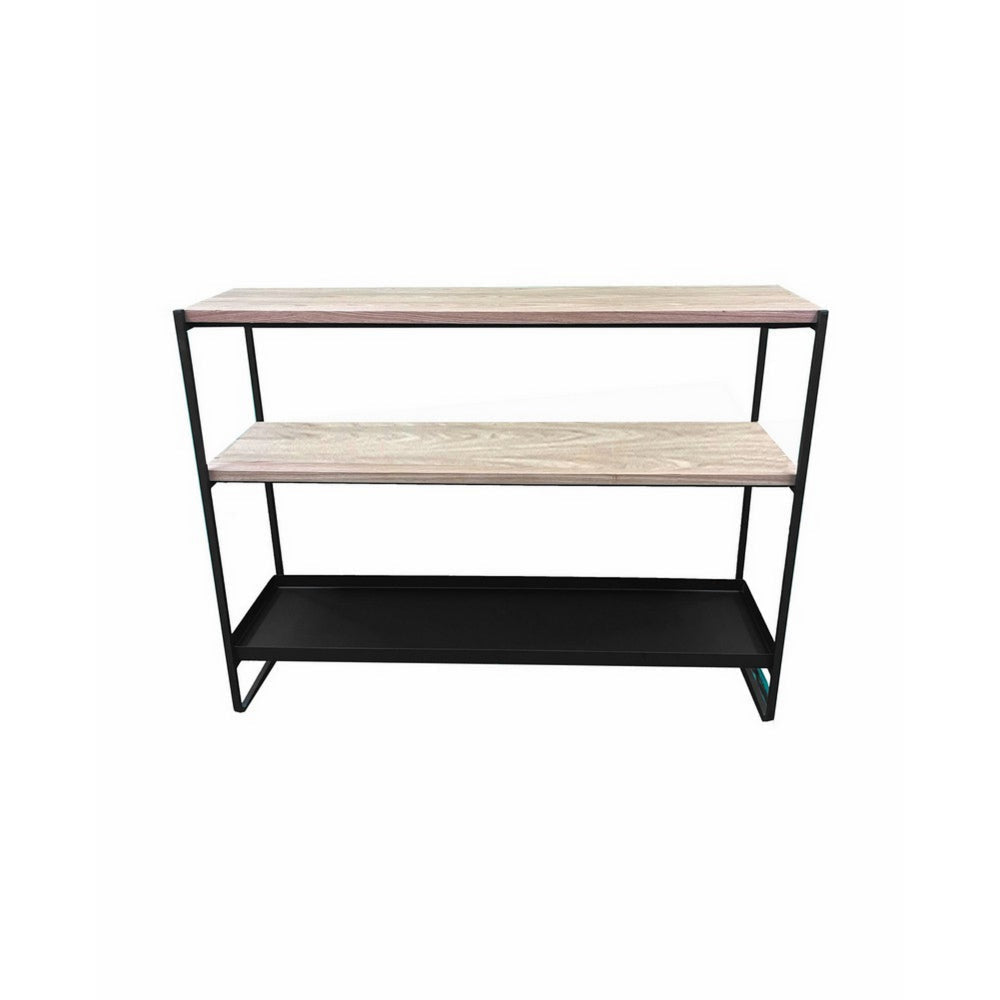 Evon 40 Inch Shelving Unit, Natural Brown Wood Top, 3 Shelves, Black Metal By Casagear Home