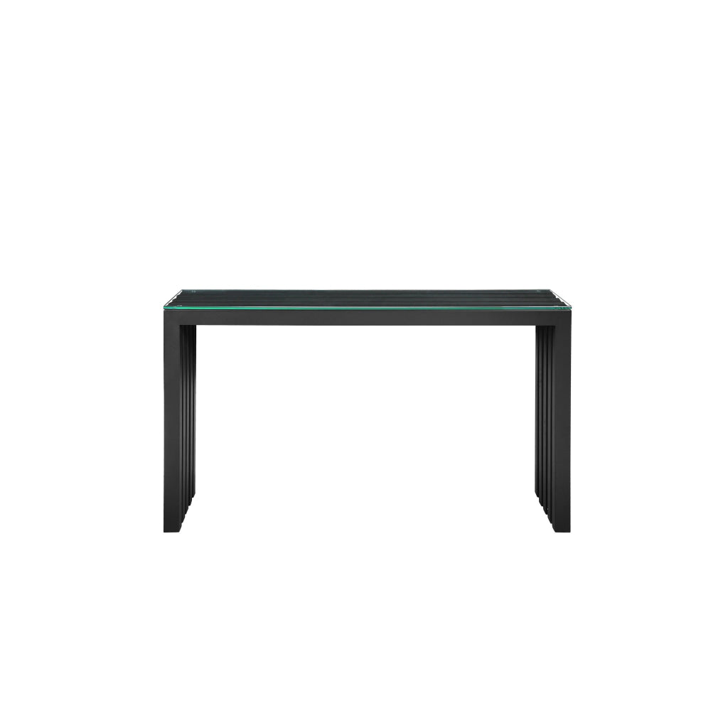 Namo 51 Inch Console Table Tempered Glass Top Slatted Black Metal Frame By Casagear Home BM313521