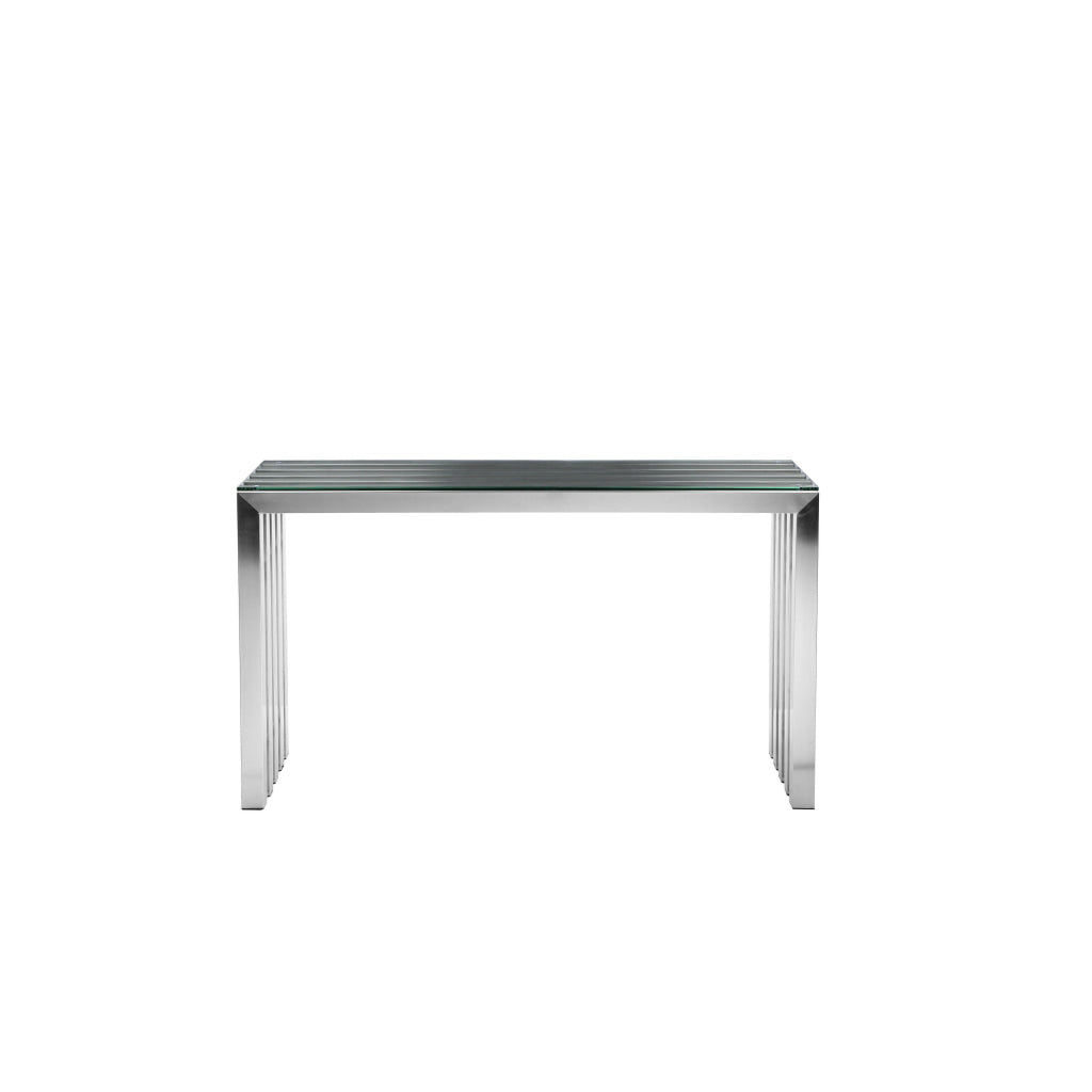 Namo 51 Inch Console Table Tempered Glass Top Slatted Silver Metal Frame By Casagear Home BM313522