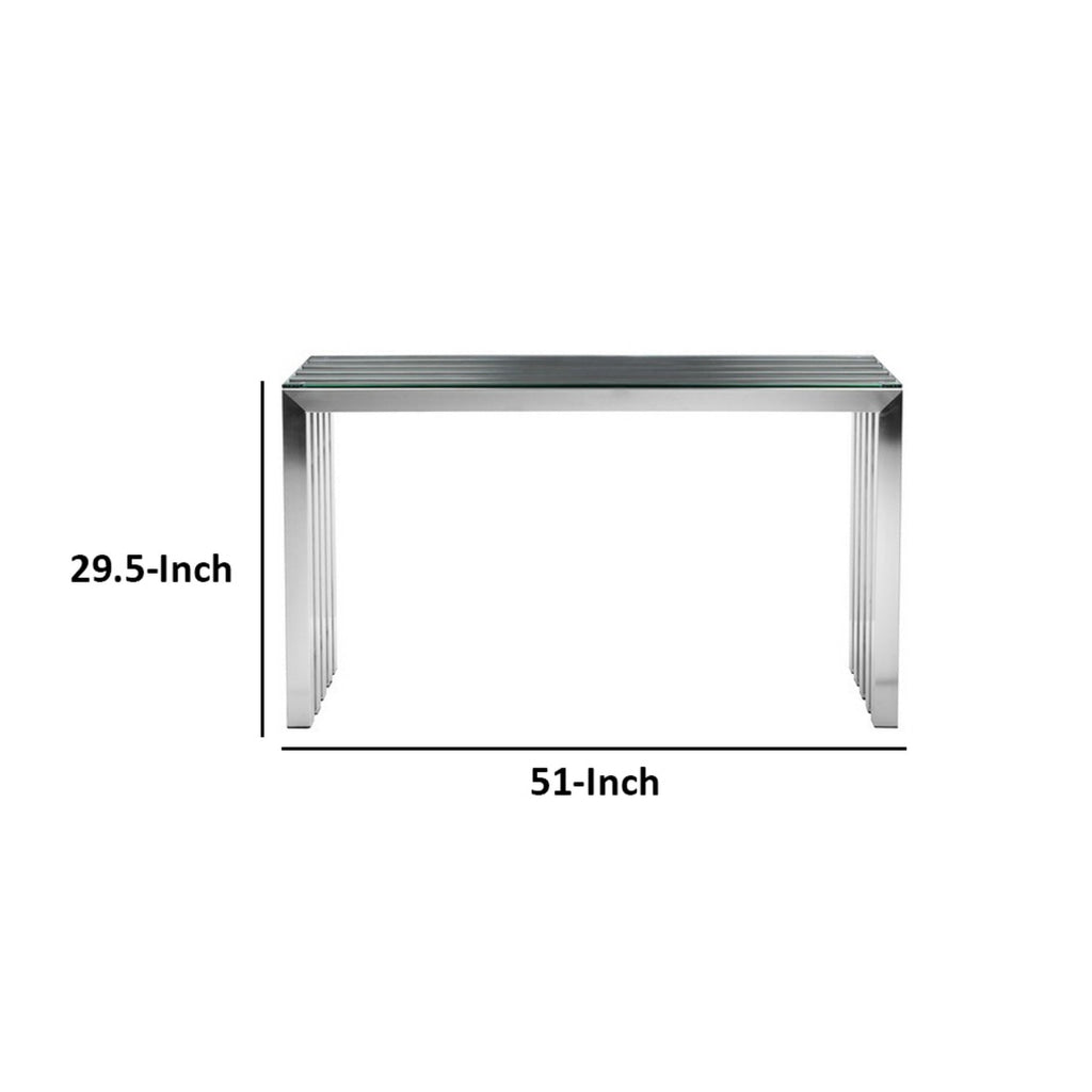 Namo 51 Inch Console Table Tempered Glass Top Slatted Silver Metal Frame By Casagear Home BM313522