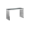 Namo 51 Inch Console Table Tempered Glass Top Slatted Silver Metal Frame By Casagear Home BM313522