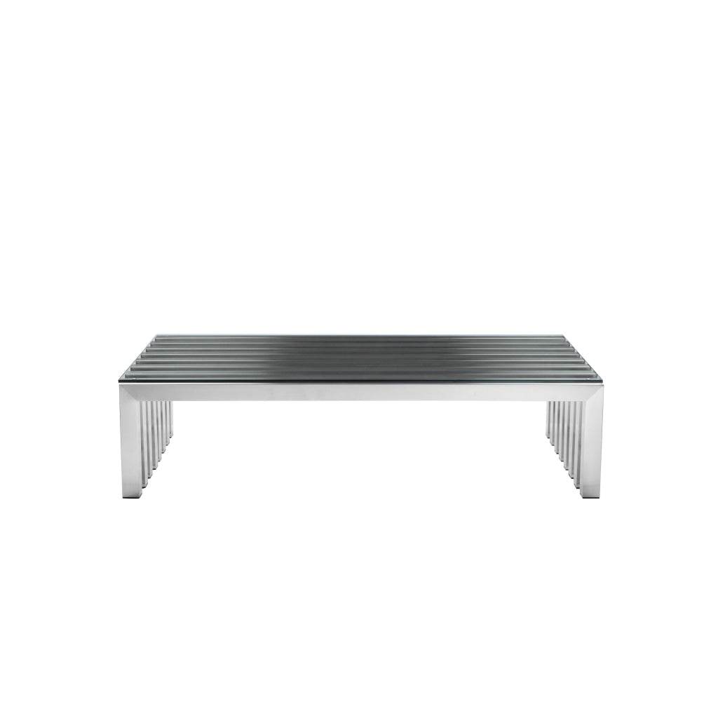 Namo 55 Inch Coffee Table Tempered Glass Top Slatted Silver Metal Frame By Casagear Home BM313524