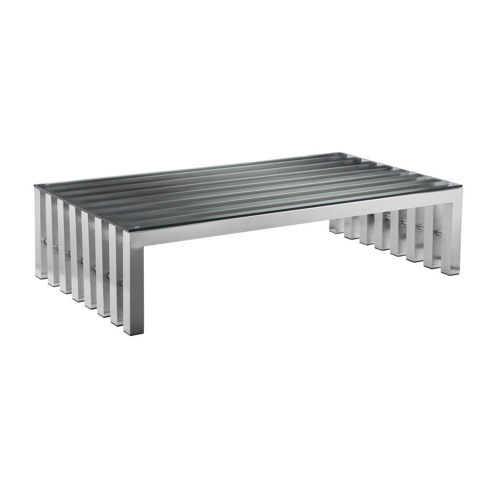 Namo 55 Inch Coffee Table, Tempered Glass Top, Slatted Silver Metal Frame By Casagear Home