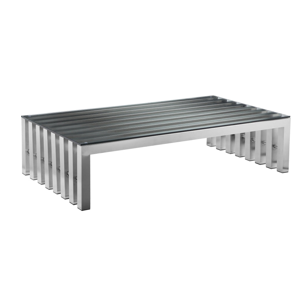 Namo 55 Inch Coffee Table Tempered Glass Top Slatted Silver Metal Frame By Casagear Home BM313524