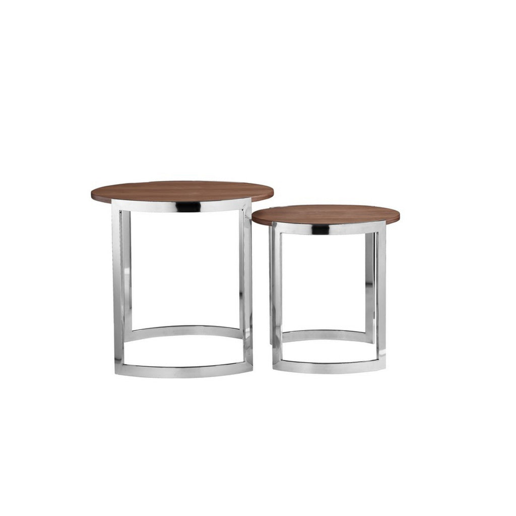 Niyo Set of 2 Nesting Side End Tables Round Brown Solid Wood Tops Silver By Casagear Home BM313531