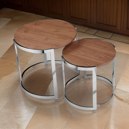 Niyo Set of 2 Nesting Side End Tables Round Brown Solid Wood Tops Silver By Casagear Home BM313531