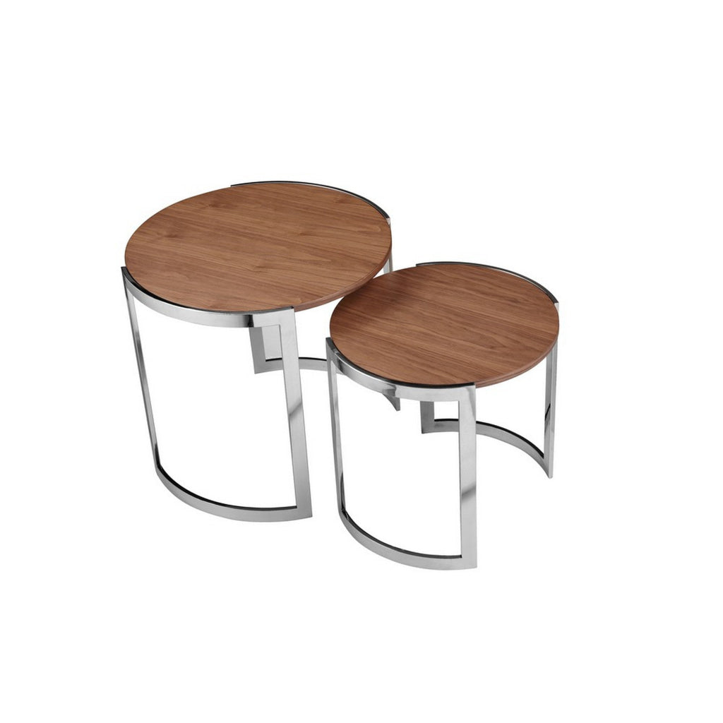 Niyo Set of 2 Nesting Side End Tables Round Brown Solid Wood Tops Silver By Casagear Home BM313531