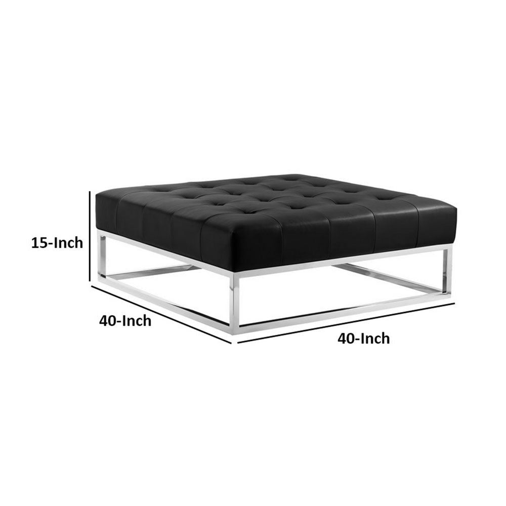 Ipp 40 Inch Ottoman Button Tufted Black Faux Leather Square Chrome Frame By Casagear Home BM313535