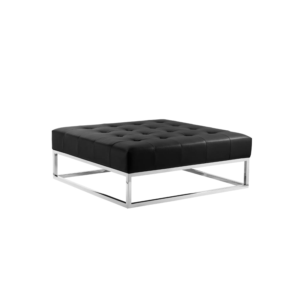 Ipp 40 Inch Ottoman, Button Tufted Black Faux Leather, Square Chrome Frame By Casagear Home